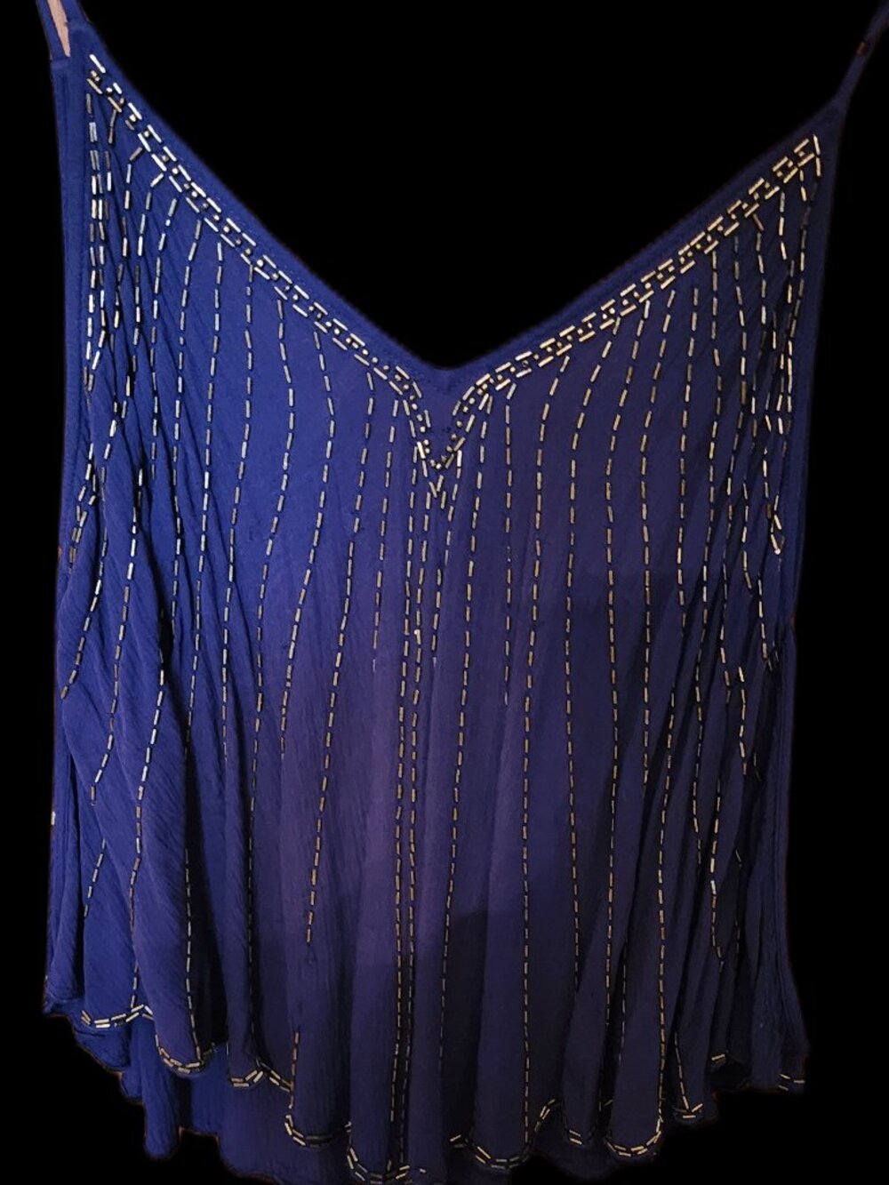 Free People Semi-Sheer Indigo Swing Cami with Gold Bugle Beads - Picture 2 of 3